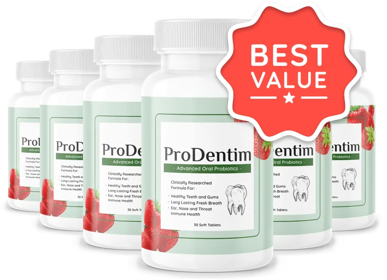 The seller's photo of six ProDentim bottles in a row, the 6-bottle plan at $49 per bottle