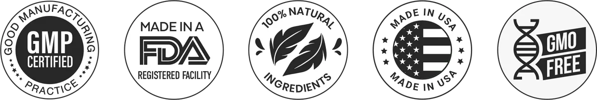 The seller's seal row: GMP certified, FDA registered facility, 100 percent natural, made in USA and GMO free